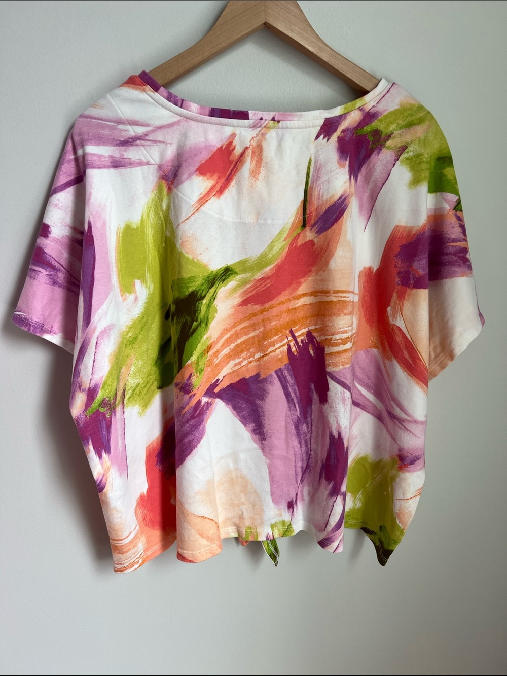 Chico's | White Boxy Tie-Front Cotton Top Pink Green Orange Brushstrokes Sz 3 - Picture 7 of 17